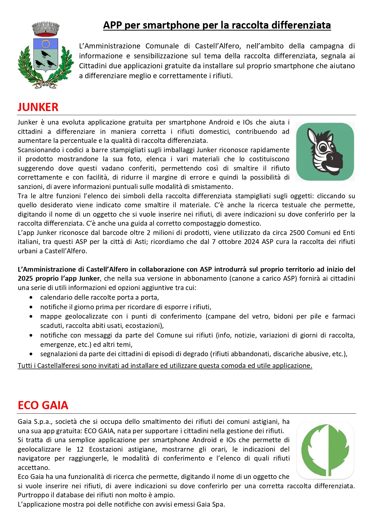 Introduzione nuove app per rifiuti (Junker e ECO GAIA)