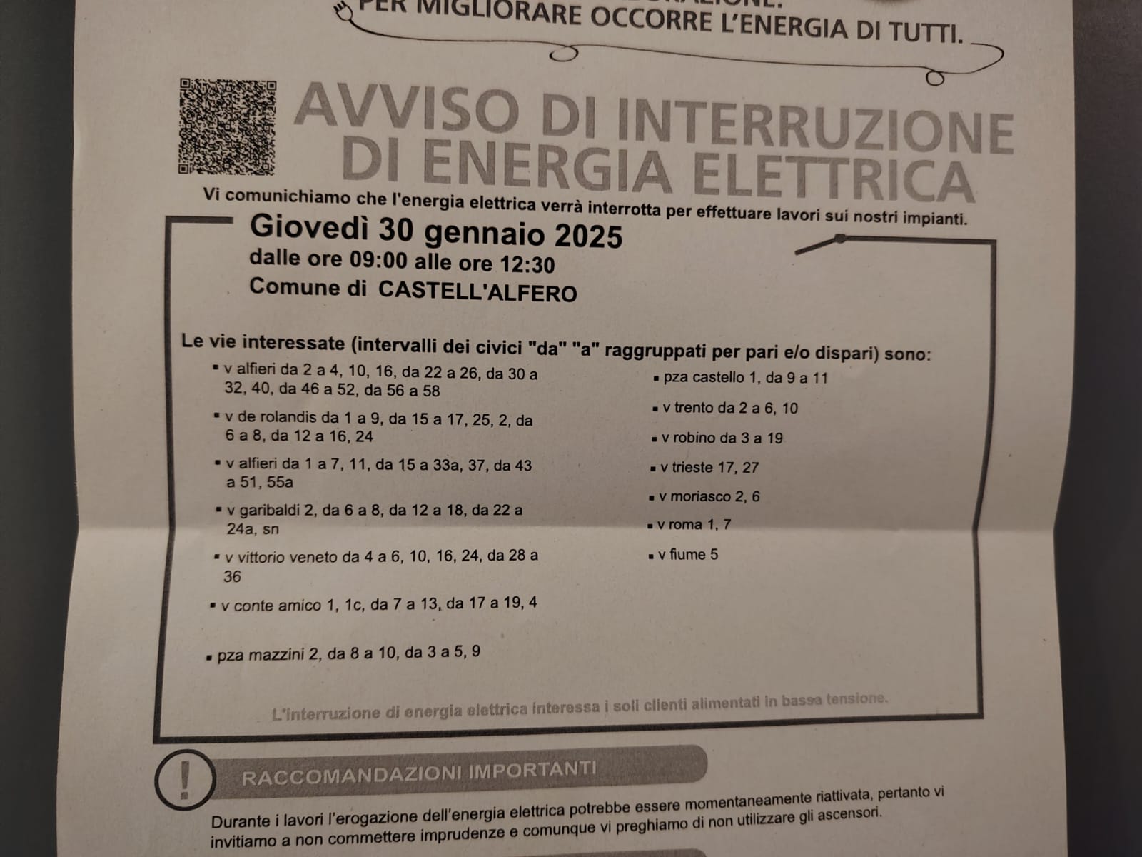 avviso interruzione energia elettrica